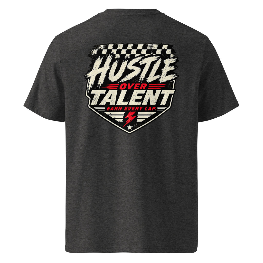 Earn Every Lap Racing Tee by Hustle Over Talent — dark heather grey back view