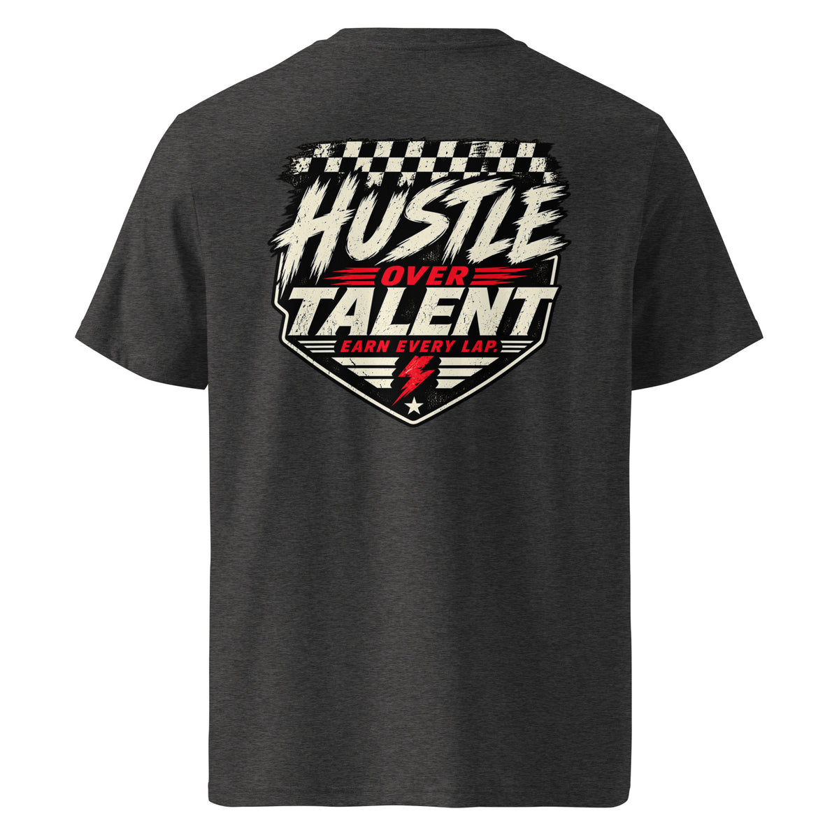 Earn Every Lap Racing Tee by Hustle Over Talent — dark heather grey back view