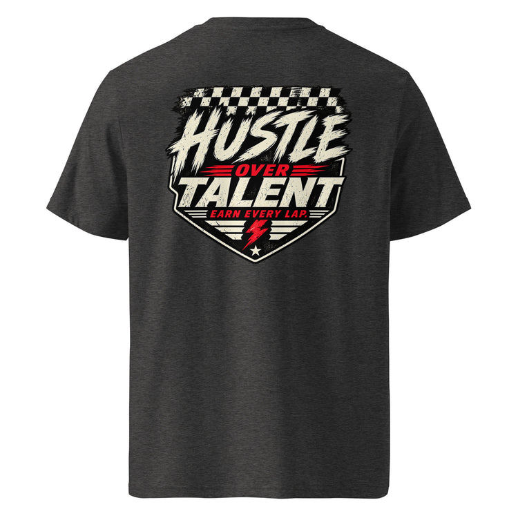 Earn Every Lap Racing Tee by Hustle Over Talent — dark heather grey back view