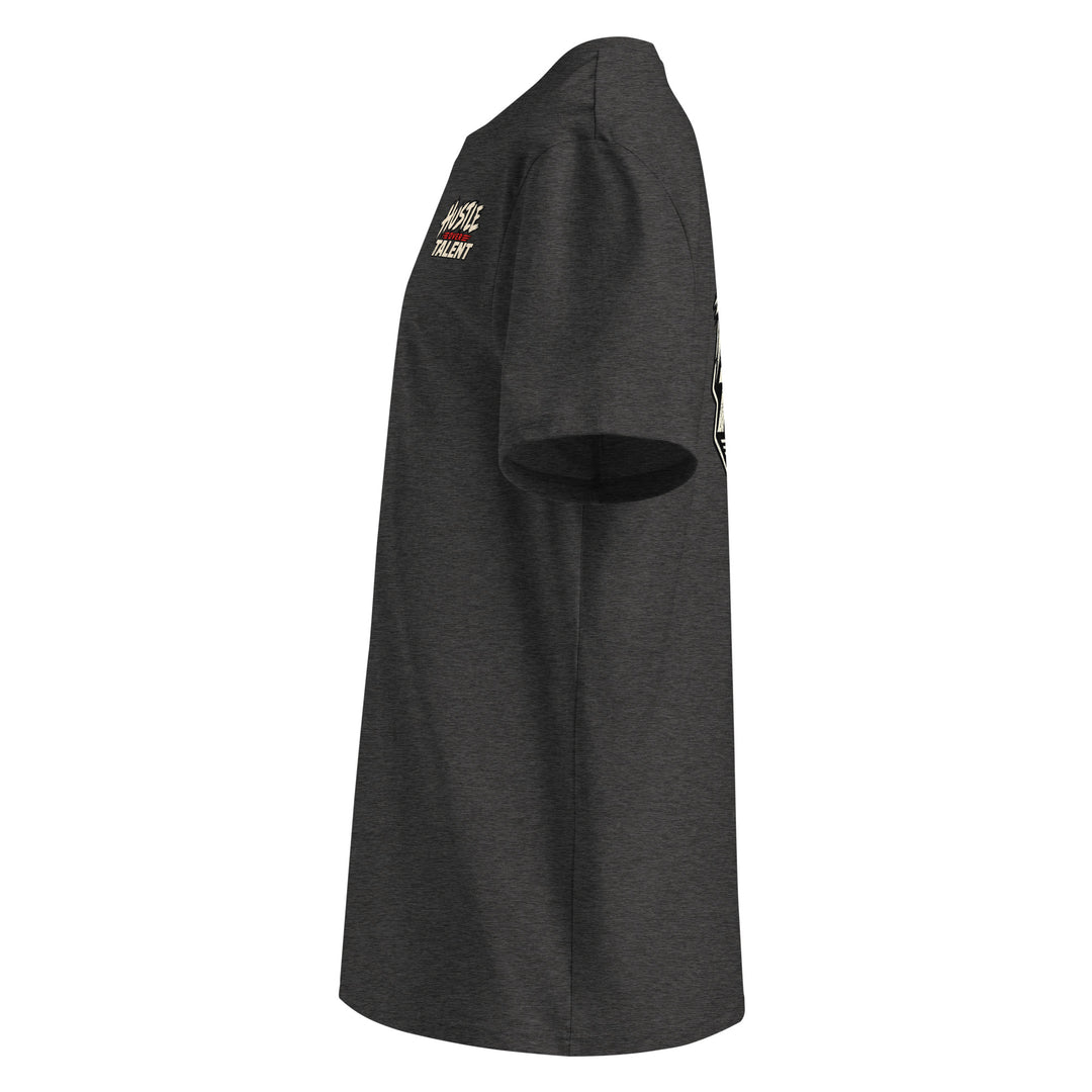 Earn Every Lap Racing Tee by Hustle Over Talent — dark heather grey left side view