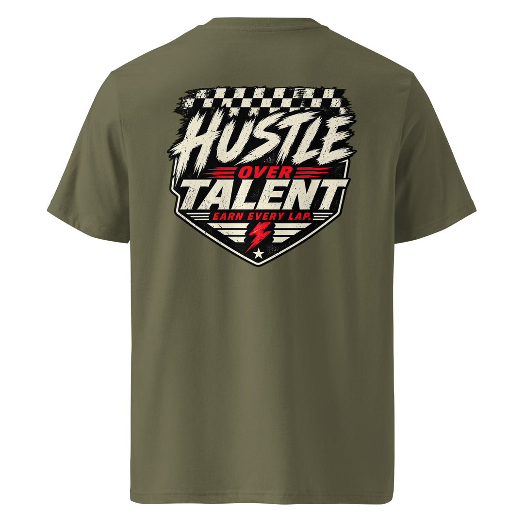 Earn Every Lap Racing Tee by Hustle Over Talent — khaki back view