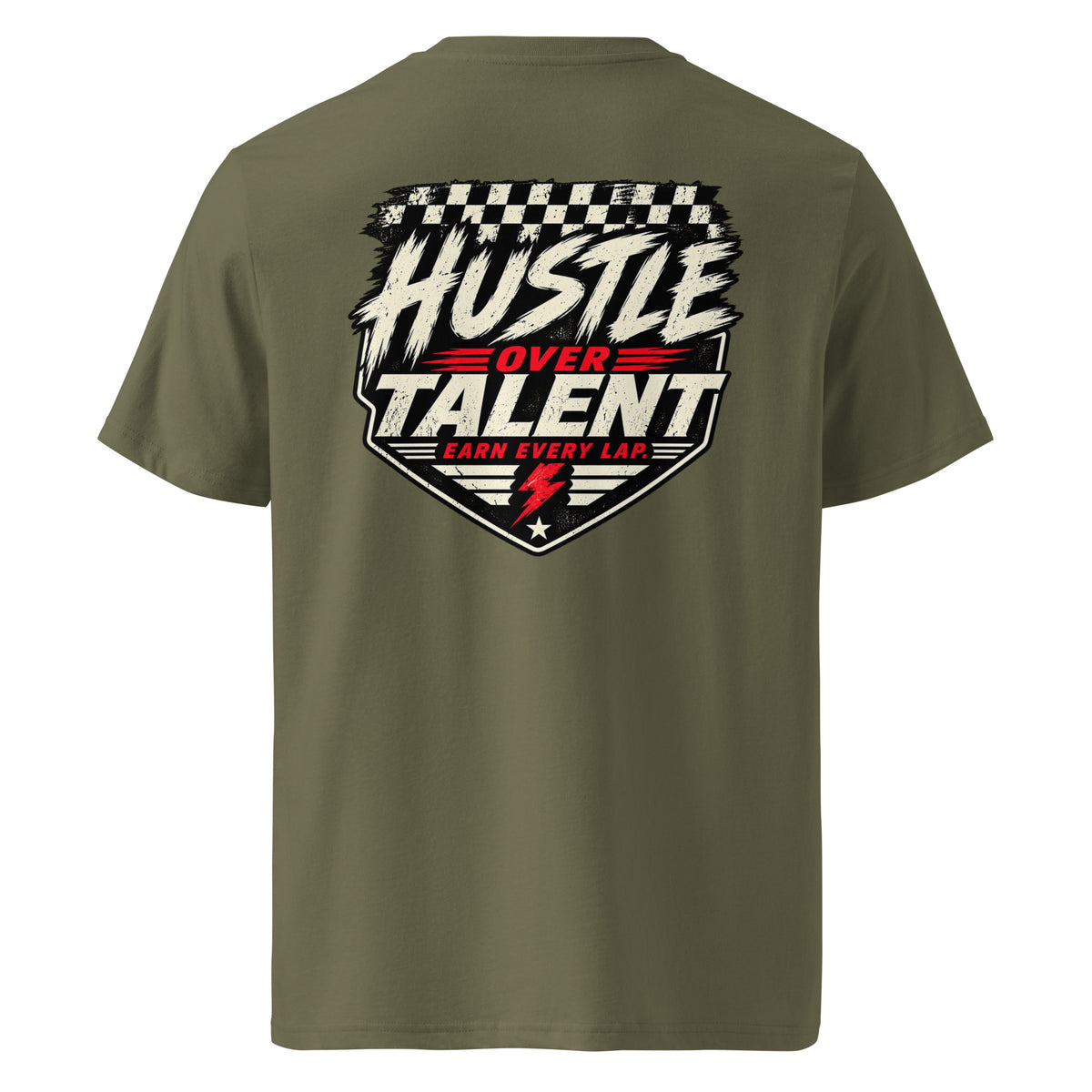 Earn Every Lap Racing Tee by Hustle Over Talent — khaki back view