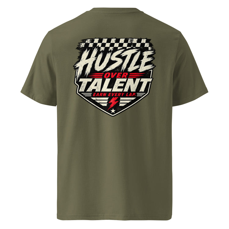 Earn Every Lap Racing Tee by Hustle Over Talent — khaki back view